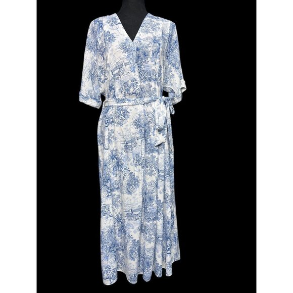 H&M Dresses & Skirts - H&M Blue White Scenic Print Maxi Dress Women 0 Belted V-Neck Boho Summer